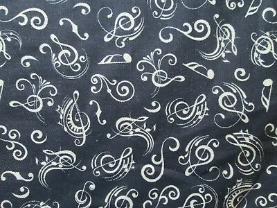 Music Notes Prelude Fancy Clef Metallic Gold Musical Black Cotton Fabric Fq  • $3.95