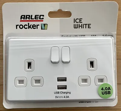 Arlec White Screwless Double Plug Socket + 2 X USB 4A Chargers Ports Rocker Ice • £12.99