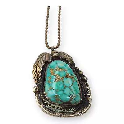 Vintage Native American Navajo Green Turquoise Sterling Silver Pendant Necklace • $279.95