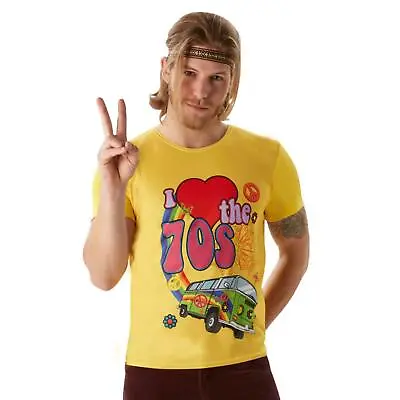 Mens I Love The 70's T-Shirt Retro Hippy Peace Vintage Party Fancy Dress Costume • £6.58