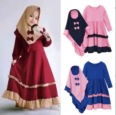 2pcs Muslim Kids Girls Hijab Abaya Islamic Prayer Dress Set Niqab Kaftan Robe • £12.46