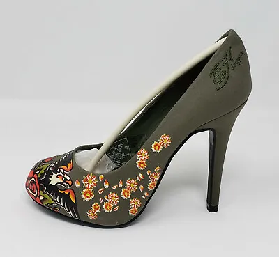 Ed Hardy Green Canvas Roses & Bald Eagle Stiletto Pumps Heels Shoes Size 5 NIB • $24.99