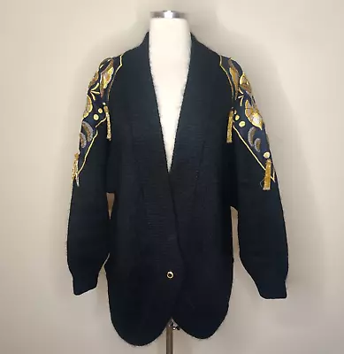 I.B Diffusion Vtg Cardigan Sweater 1X 2X Beaded Tasseled Embroidered Black Gold • $31.49