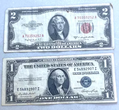 One Dollar & A Two Dollar Bill Silver Certificates For Money Collection $ Cash • $15