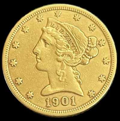 1901 Gold Us $5 Dollar Liberty Head Half Eagle Coin Philadelphia Mint • $592