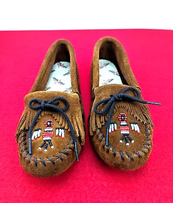 Minnetonka Womens Moccasins Thunderbird Beaded Brown Suede Leather Sole Size 5.5 • $35.62