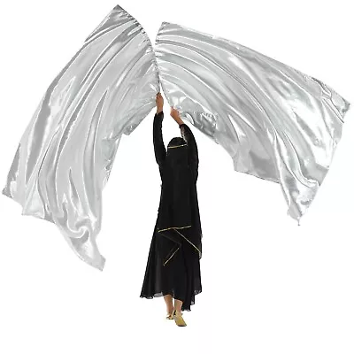 Polyester Dance Metallic Rectangular Worship Praise Flag With Stick -Silver • $12.90