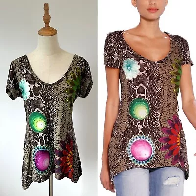 Desigual Women’s T-shirt Size L Abstract Floral Snake Print Appliqué Rhinestones • $45