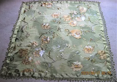 Exquisite Vintage Green Silk Aris.A  Scarf Shawl Beaded Flowers Tassle Edge44X44 • $12