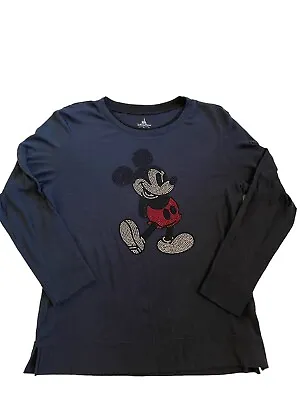 Disney Parks Women’s Rhinestone Mickey Mouse Pullover Shirt SZ L Navy Blue • $12.99