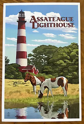 Assateague Virginia - Lighthouse And Horses - Lantern Press Postcard • $2.25