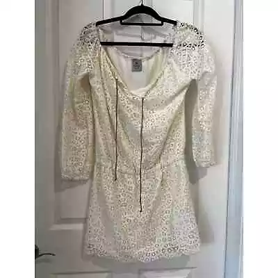 SW3 White Lace Dress Long Sleeve Tassle Scoop Neck Elastic Waist Size Medium • $18