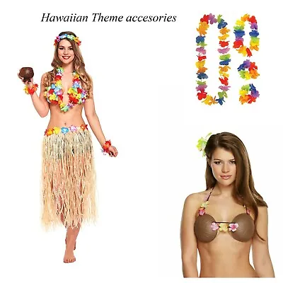 Ladies Hawaiian Hula Skirt Headband Wristbands Lei Bra Fancy Dress Costume • £6.99