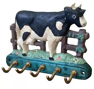 Vintage Cast Iron Farm Cow Wall Hanging 5 Hook Rack Keys Utensils Hand Painted  • $21.88