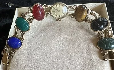 Vtg DAMERY Swiss 12kGF 17j Mechanical Ladies Watch  & Stone SCARAB Bracelet Work • $25