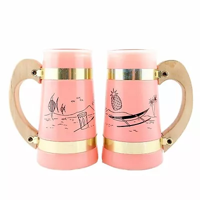 Vintage Siesta Ware Tiki Glass Mugs Frosted Pink Wood Handle Tropical Set Of 2 • $18