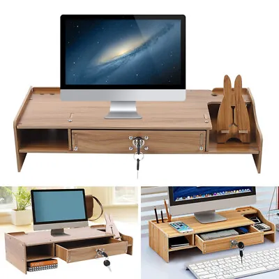 Computer Monitor Stand Riser With Drawer - Wood Desk Organizer With Phone Holder • $27