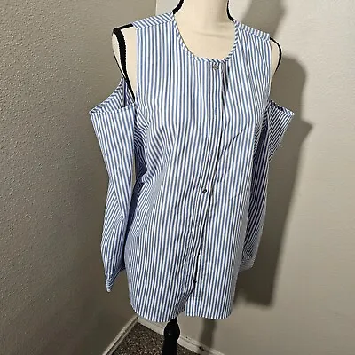 Michael Kors Blue Striped Blouse Cold Shoulders Tunic Size L Button Up Long Slv • $18.99