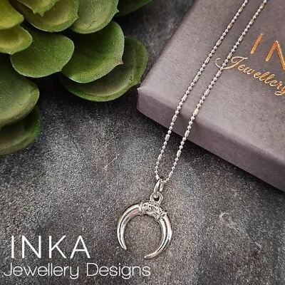 Inka 925 Sterling Silver 16  Ball Bead Necklace With A Double Horn Pendant • $22.73