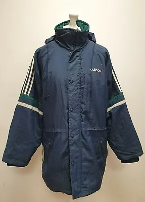 EE597 MENS VINTAGE ADIDAS BLUE RETRO 80s FOOTBALL MANAGERS COAT UK L / XL 42-44  • £19.99