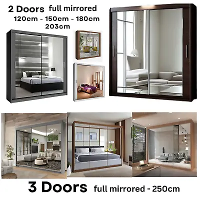 Modern Sliding Wardrobe 2/3 Doors Full Mirror Design 6 Colours/5 Sizes - ALASKA • £349