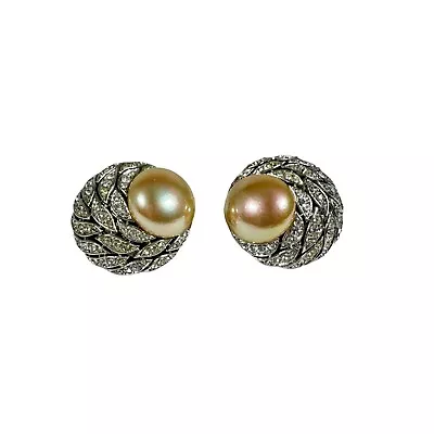 Vintage MCJ Silver Rhinestone Pearl Signed Round Clip On Earrings Feather Leaf • $34.98