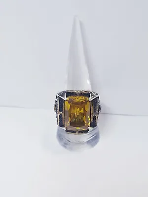 Sterling Silver Citrine Stone Engraved Turkish Ring Sz 10.25 (23.4g T.W.) • $57.29