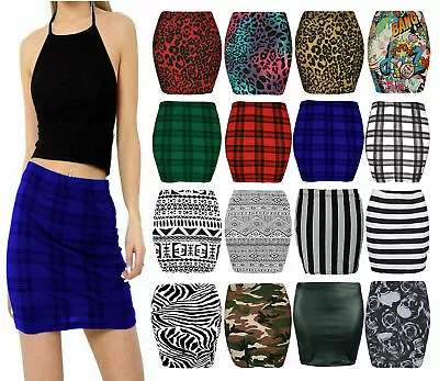 Ladies Womens LeopardTartan Comic Print Summer Short Mini Skirt Plus Size 8-22 • £6.64