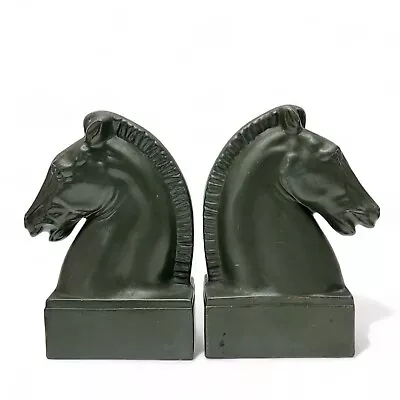 Vintage Pair Of Horse Head Dark Green Ceramic Clay Decorative Bookends • $49.99