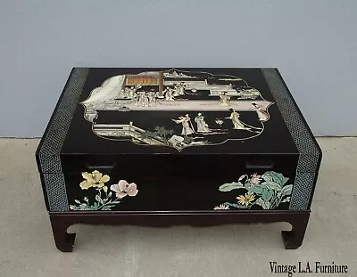 Vintage Oriental Asian Black Chinoiserie Coffee Table Storage Box  • $950
