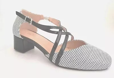 WALLIS Black/White Check Double Crossover Strap Front Low Block Heel Shoes UK 7 • £18.99