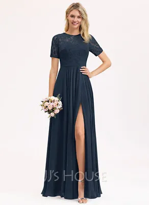 £49.99 • Buy Women A-Line Scoop Neck Floor-Length Chiffon Lace Bridesmaid Dress With Split 