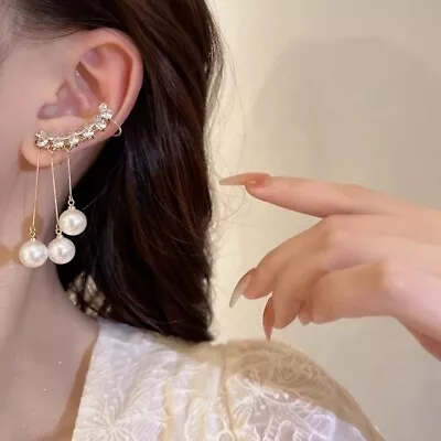 Elegant Imitation Pearl Long Tassel Earrings For Women Zircon Dangle Earrings • $7