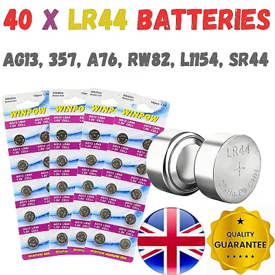 40 X LR44 Batteries Alkaline AG13 357 A76 RW82 L1154 SR44 Button Coin Cell UK • £4.25