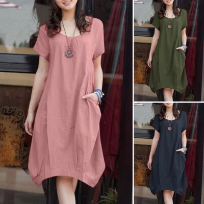 $25.60 • Buy Womens Short Sleeve O Neck Pleated Asymmetric Hem Vacation Long Maxi Dress PLUS