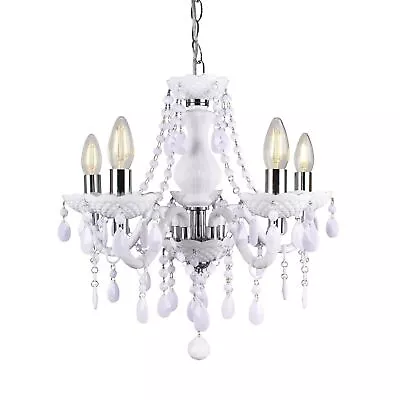 Modern Classic White & Chrome Marie Therese 5 Light Ceiling Pendant Chandelier • £34.99