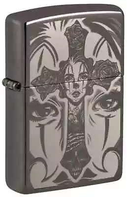 Zippo Windproof Lighter TATTOO LADY SKULL & CROSS Black Ice BNIB FAST POST • £42.40