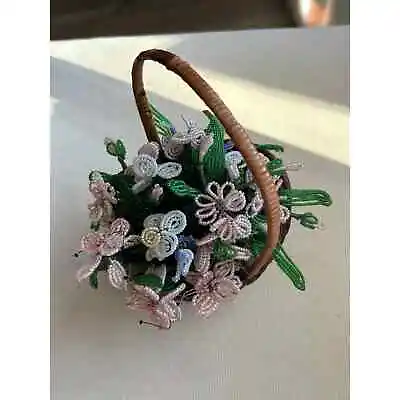 Vintage Beaded Flowers In Woven Wicker Basket Handmade Decor Seed Beads • $22