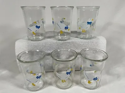 (6) BAMA Jelly Jar White Ducks Geese Blue Bows Juice Glasses Vintage 4  Tall • $19.99
