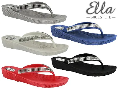 Ladies Diamante Flip Flops Sandals Comfort Toe Post Summer Beach Low Wedge Ella  • £11.95