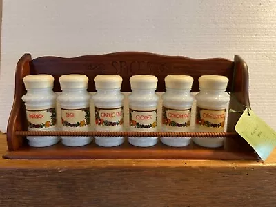 Vintage Milk Glass Spice Jars & Wall Hung Rack 6 Jars Rope Edge Cape Craft Pine • $16.99