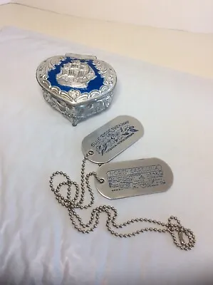 Metal Vintage Ship Blue Small Trinket Box & NC Souvenir Dog Tag Necklace • $7.50