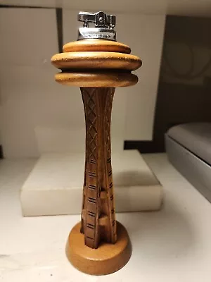 1967 Seattle Space Needle 9” Monkey Pod Wood And Brass Cigarette Lighter. JGB3A • $19.95