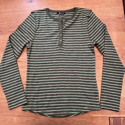 Ex-M & S Green Striped 100% Cotton Jersey Long Sleeved Henley Top - BNWOT • £10.99