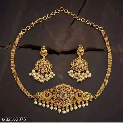 South Indian Bollywood Gold Plated Temple Jewelry Earrings Necklace Bridal Set • $32.65