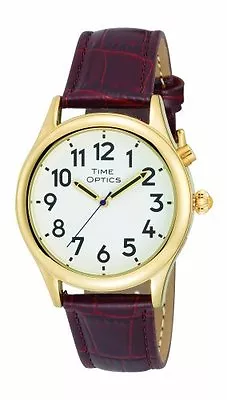 TimeOptics Men's Talking Gold-Tone Day-Date Alarm Leather Band Watch # GWC128G • $57.95