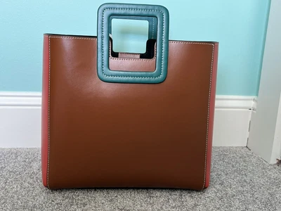 $199 • Buy STAUD Shirley Leather Tote Bag Tan Coastal Blood Orange Colorblock NWT