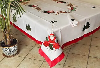 Vintage Christmas Embroidered Santa Tablecloth Oblong White/Ivory W/Napkins • $89.86