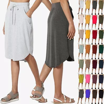 TheMogan Drawstring Elastic Waist Dolphin Hem Stretch Jersey Pocket Midi Skirt • $16.99