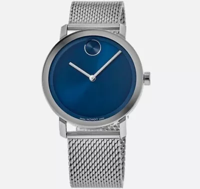 Movado Bold $595 Men's Evolution Silver Blue Mesh Bracelet Swiss Watch 3600901 • $254.32